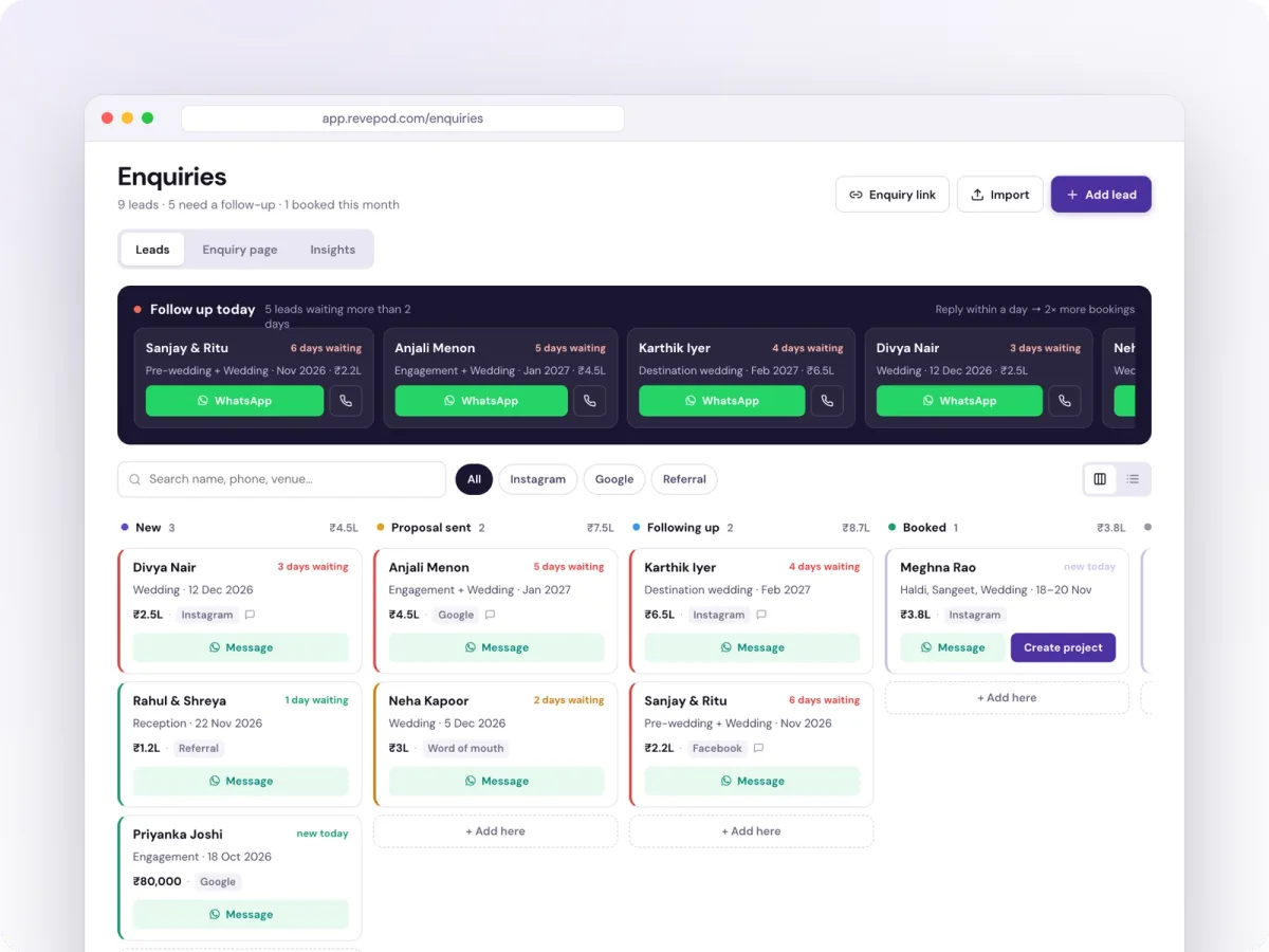 Leads / enquiry inbox screen